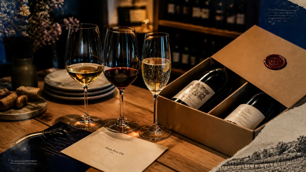 Trois fois vin : trois verres, boîte cadeau et papier de dégustation
