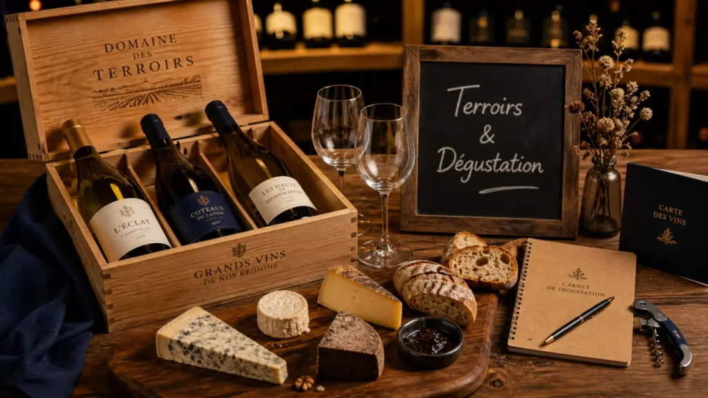 Vino decouverte Bessenay : dégustation vin, 3 bouteilles et ardoise terroirs