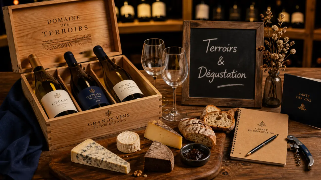 Vino decouverte Bessenay : dégustation vin, 3 bouteilles et ardoise terroirs