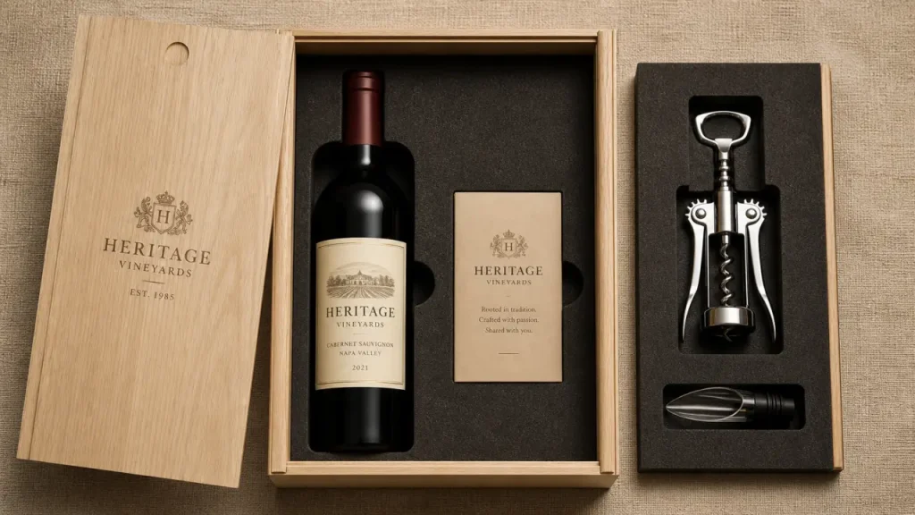 Wine box prestige en coffret bois clair, bouteille et accessoires