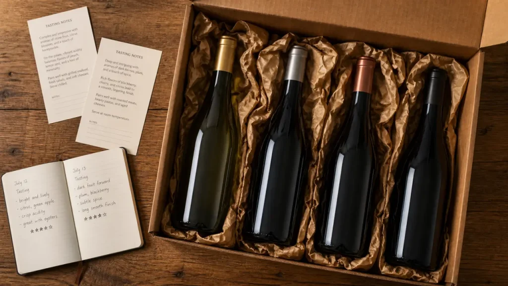 Winebox avec bouteilles et papier de calage sur table