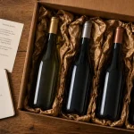 Winebox avec bouteilles et papier de calage sur table