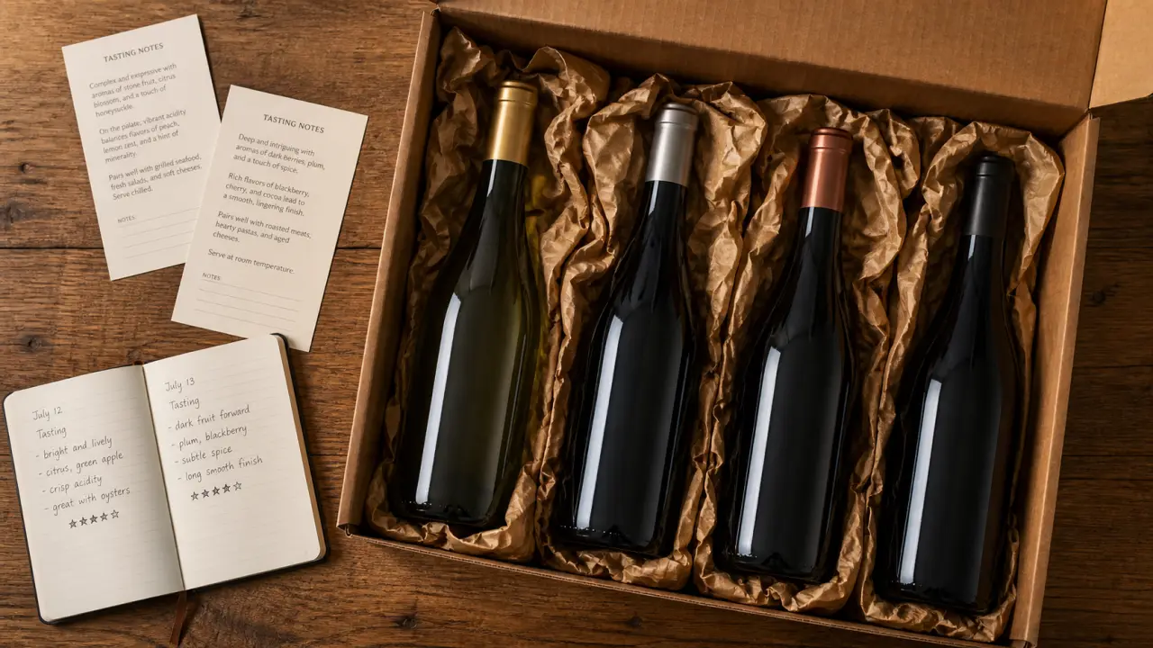 Winebox avec bouteilles et papier de calage sur table
