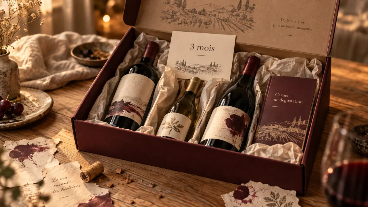 Abonnement vin 3 mois : coffret cadeau et trois bouteilles