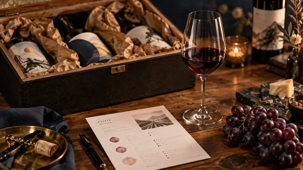 Abonnement vin a domicile : caisse de vin, fiche de dégustation