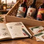 Abonnement vin du monde : carnet de dégustation et bouteilles sur table bois