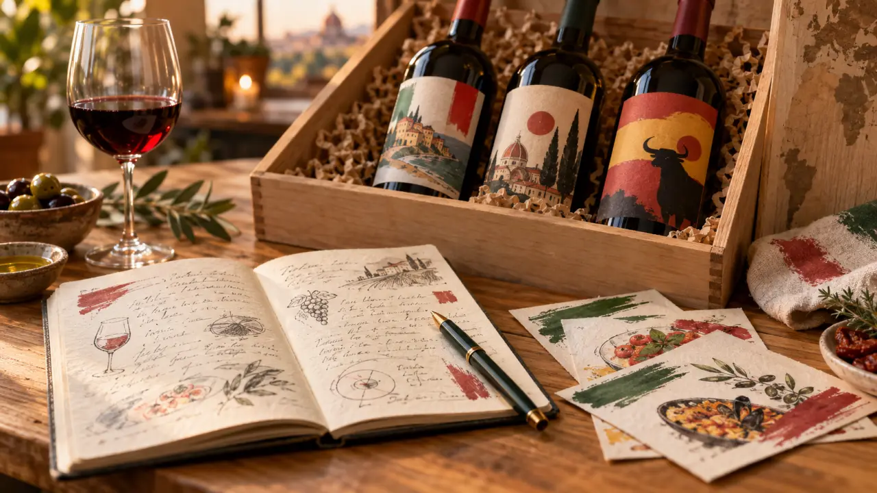 Abonnement vin du monde : carnet de dégustation et bouteilles sur table bois