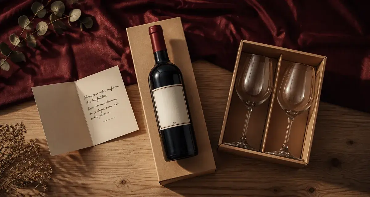 Bouteille cadeau : vin rouge dans coffret et verres