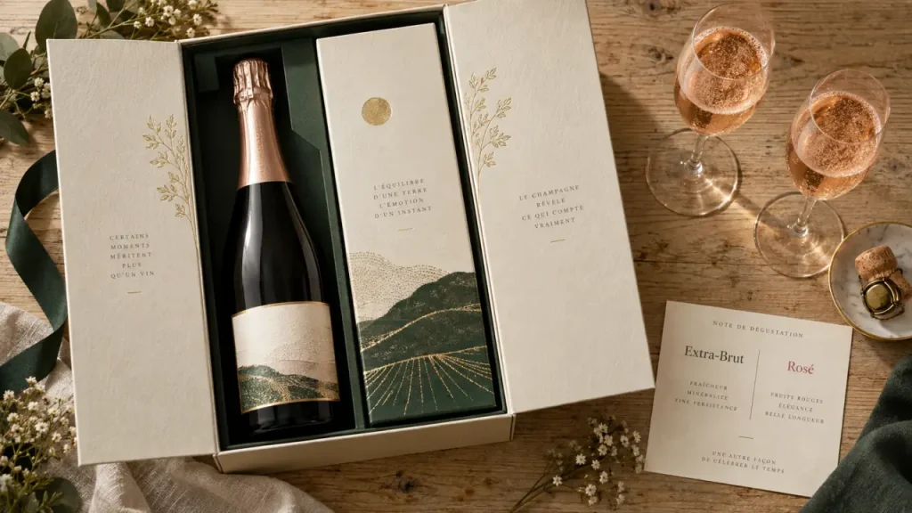 Box champagne : coffret cadeau avec flûtes et étiquette de dégustation