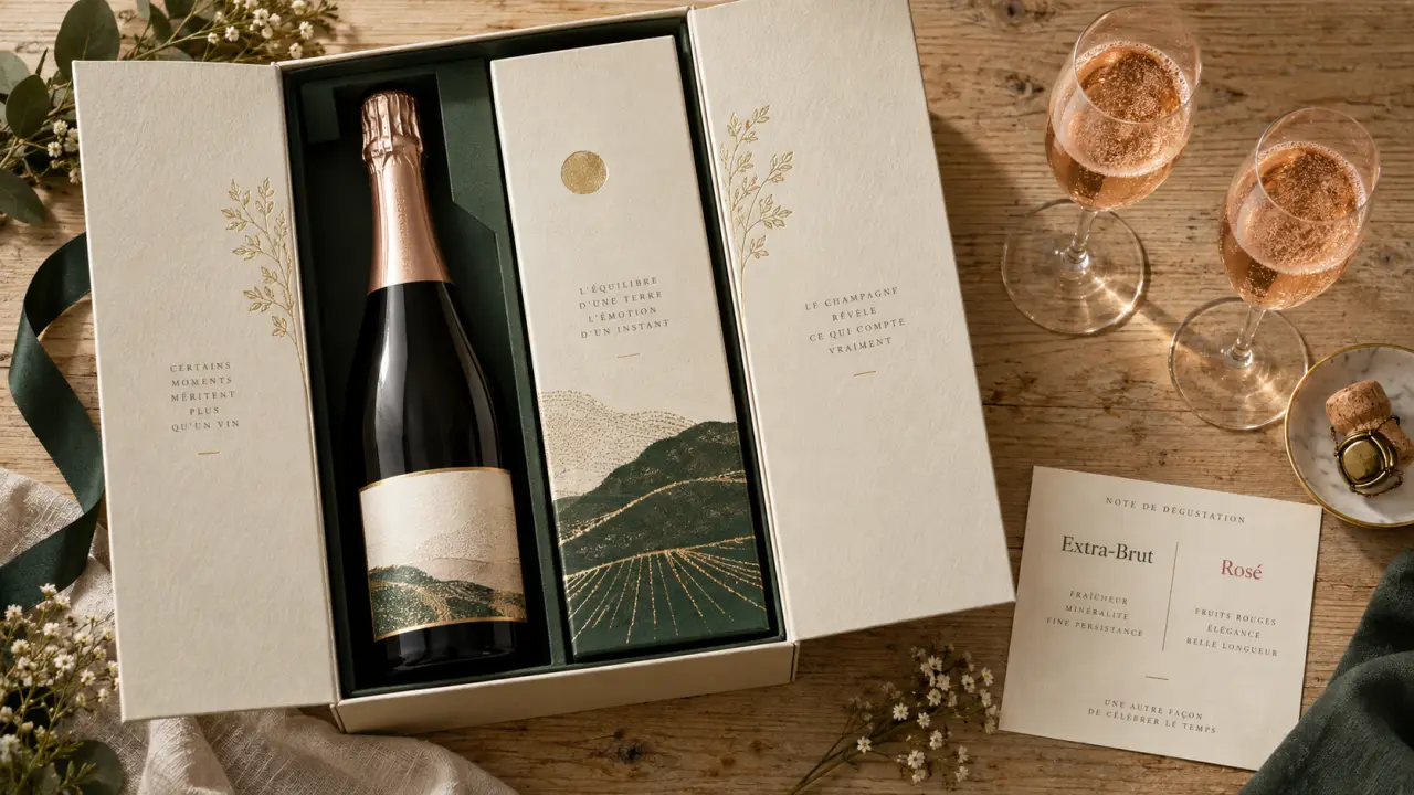 Box champagne : coffret cadeau avec flûtes et étiquette de dégustation