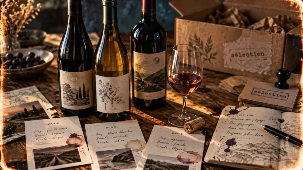 Box decouverte vin avec bouteilles et fiches de dégustation