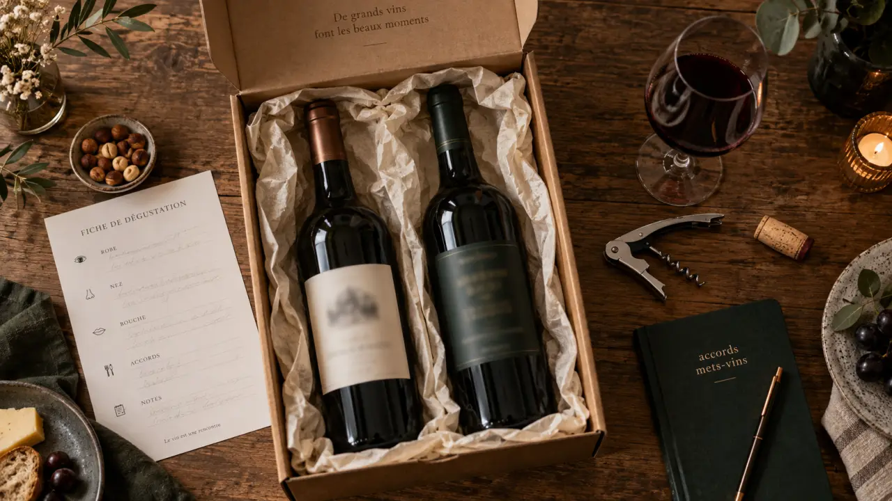 Box mensuelle homme vin : box ouverte, bouteilles et accessoires de dégustation