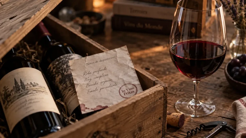 box vin invinofritas : caisse bois, bouteilles et fiche dégustation sur table