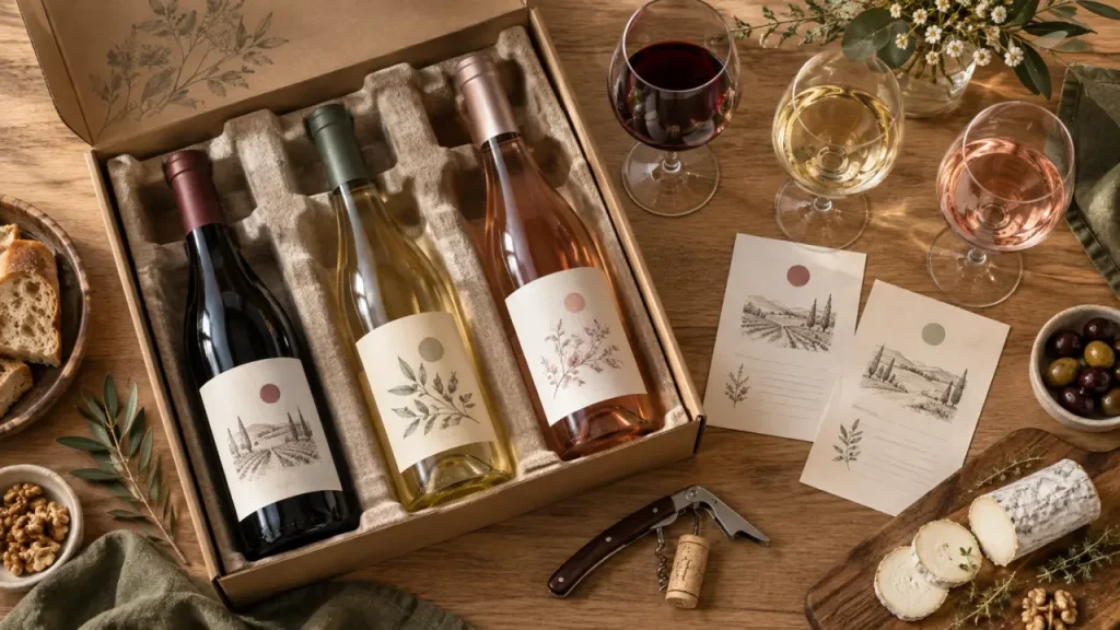 Cadeau et vin : coffret découverte de bouteilles, verres et fiches de dégustation