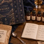 Calendrier de l avent whisky sur table en chêne, flacons et carnet