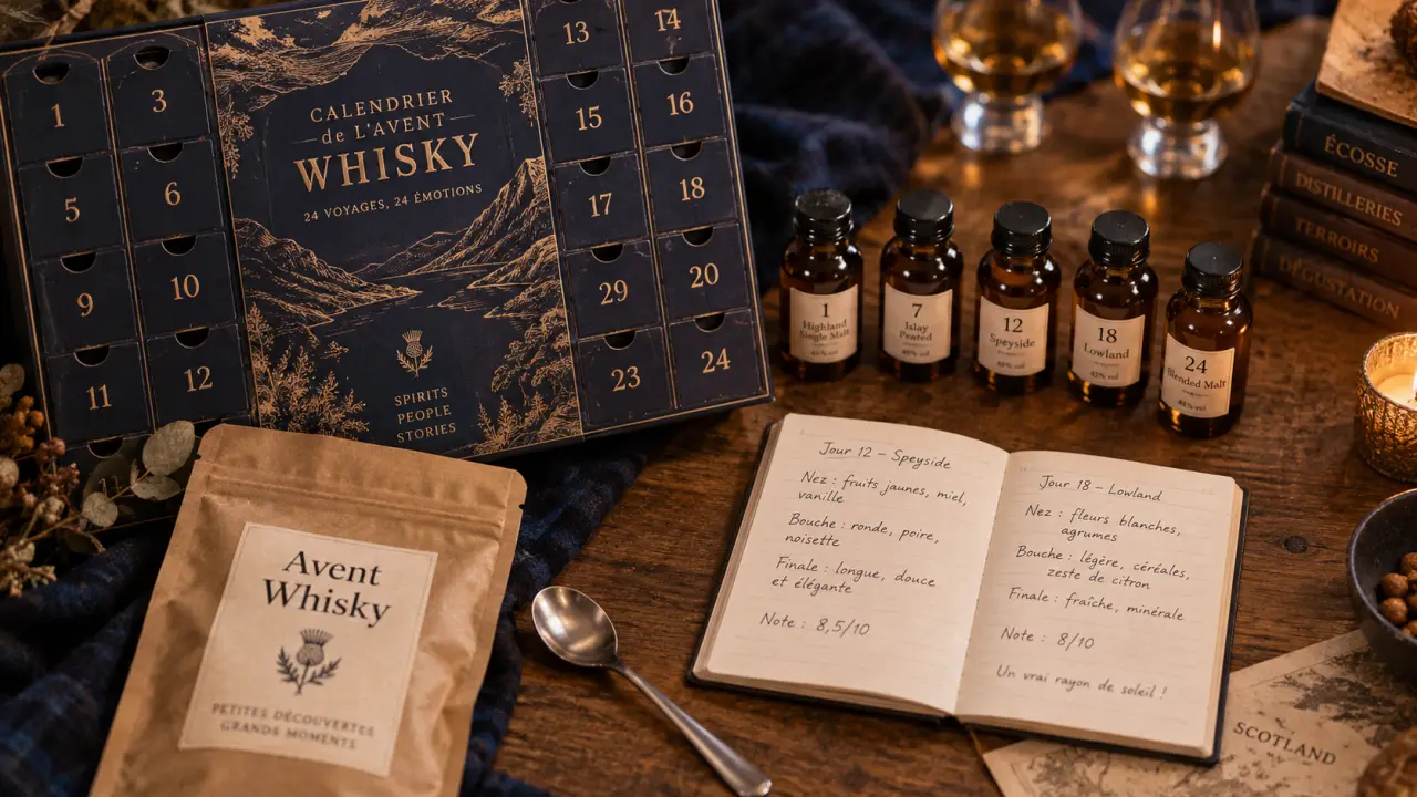 Calendrier de l avent whisky sur table en chêne, flacons et carnet