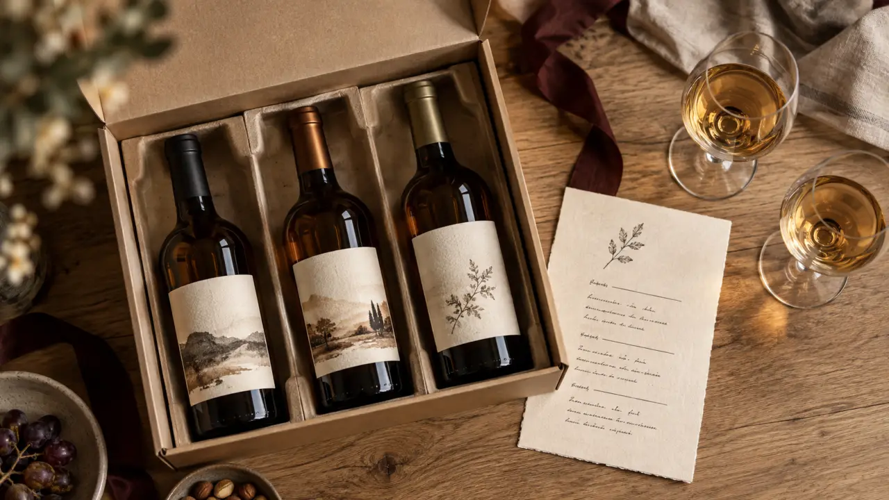 Coffret cadeau 3 bouteilles de vin rouge blanc bulles sur table en chêne clair