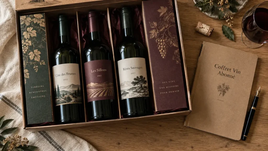 Coffret cadeau abonnement vin : boîtes, bouteilles, carnet de dégustation