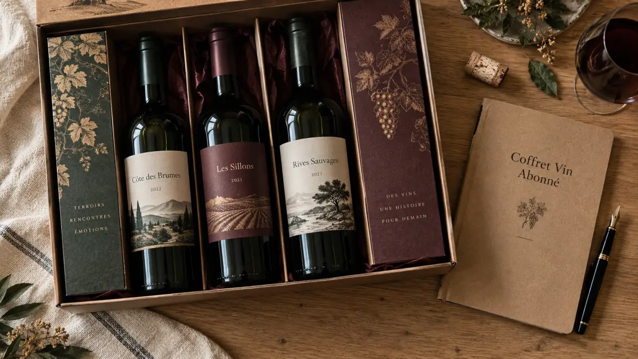Coffret cadeau abonnement vin : boîtes, bouteilles, carnet de dégustation