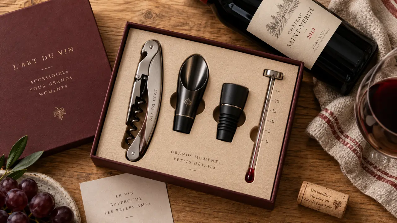 Coffret cadeau accessoires vin : tire-bouchon, bec verseur et thermomètre