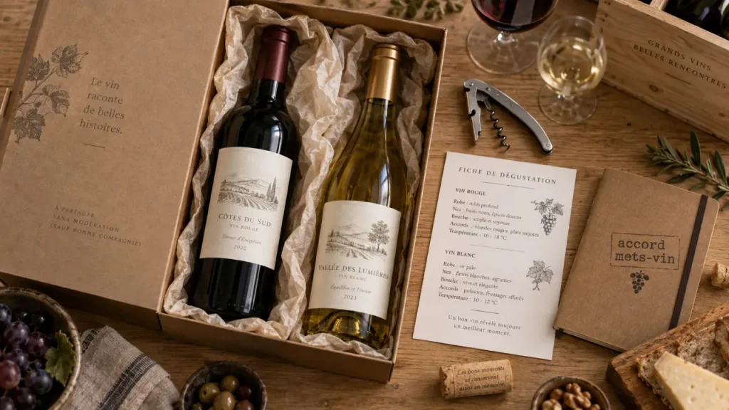 Coffret cadeau bon vin, bouteilles rouge et blanc, sans payer l’emballage