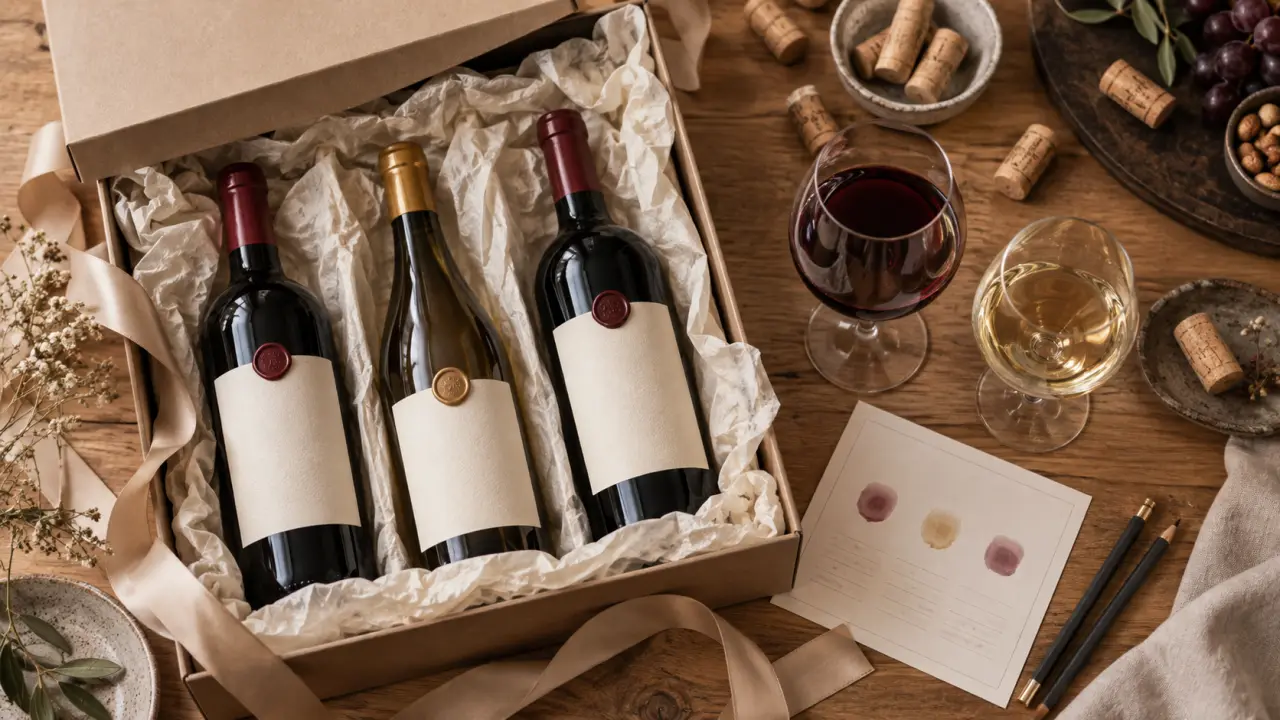 Coffret cadeau decouverte vin : trois bouteilles sur table en bois clair