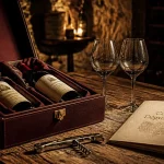 Coffret cadeau degustation de vin : bouteille, verres et tire-bouchon sur table en cave