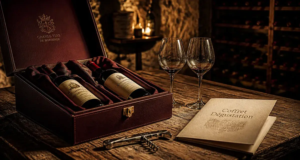 Coffret cadeau degustation de vin : bouteille, verres et tire-bouchon sur table en cave