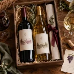 Coffret cadeau dégustation vin bordeaux sur table, verres et fiches de dégustation