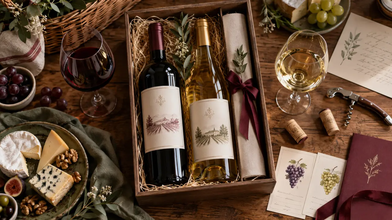 Coffret cadeau dégustation vin bordeaux sur table, verres et fiches de dégustation