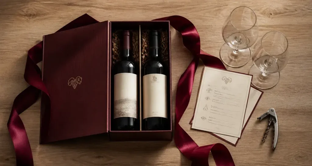 Coffret cadeau homme vin, ruban bordeaux, verres et tire-bouchon
