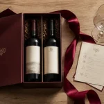 Coffret cadeau homme vin, ruban bordeaux, verres et tire-bouchon