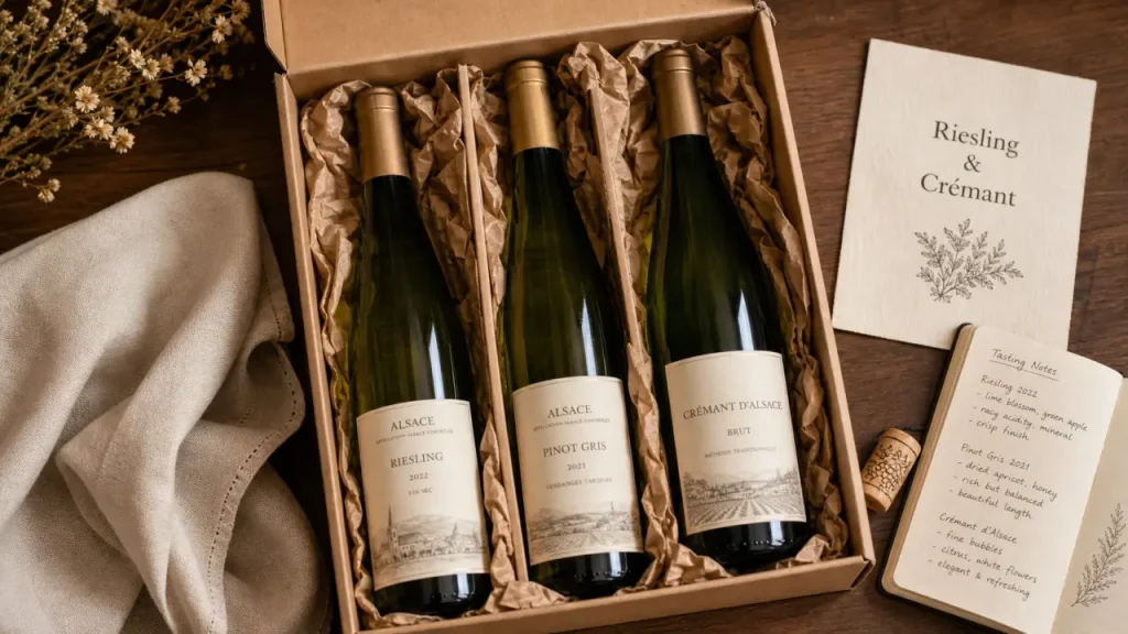 coffret cadeau vin alsace avec riesling, crémant ou gewurztraminer