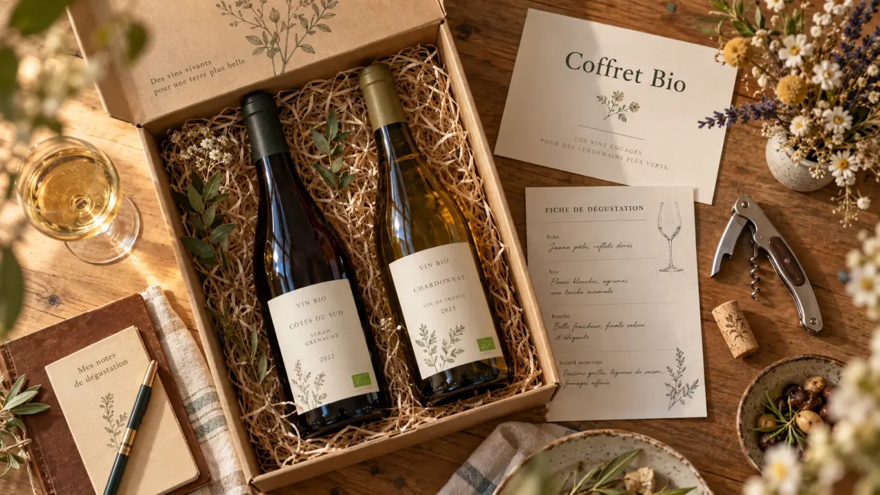 Coffret cadeau vin bio sur table en bois, bouteilles et tire-bouchon