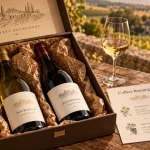 Coffret cadeau vin bourgogne sur table de dégustation en Bourgogne