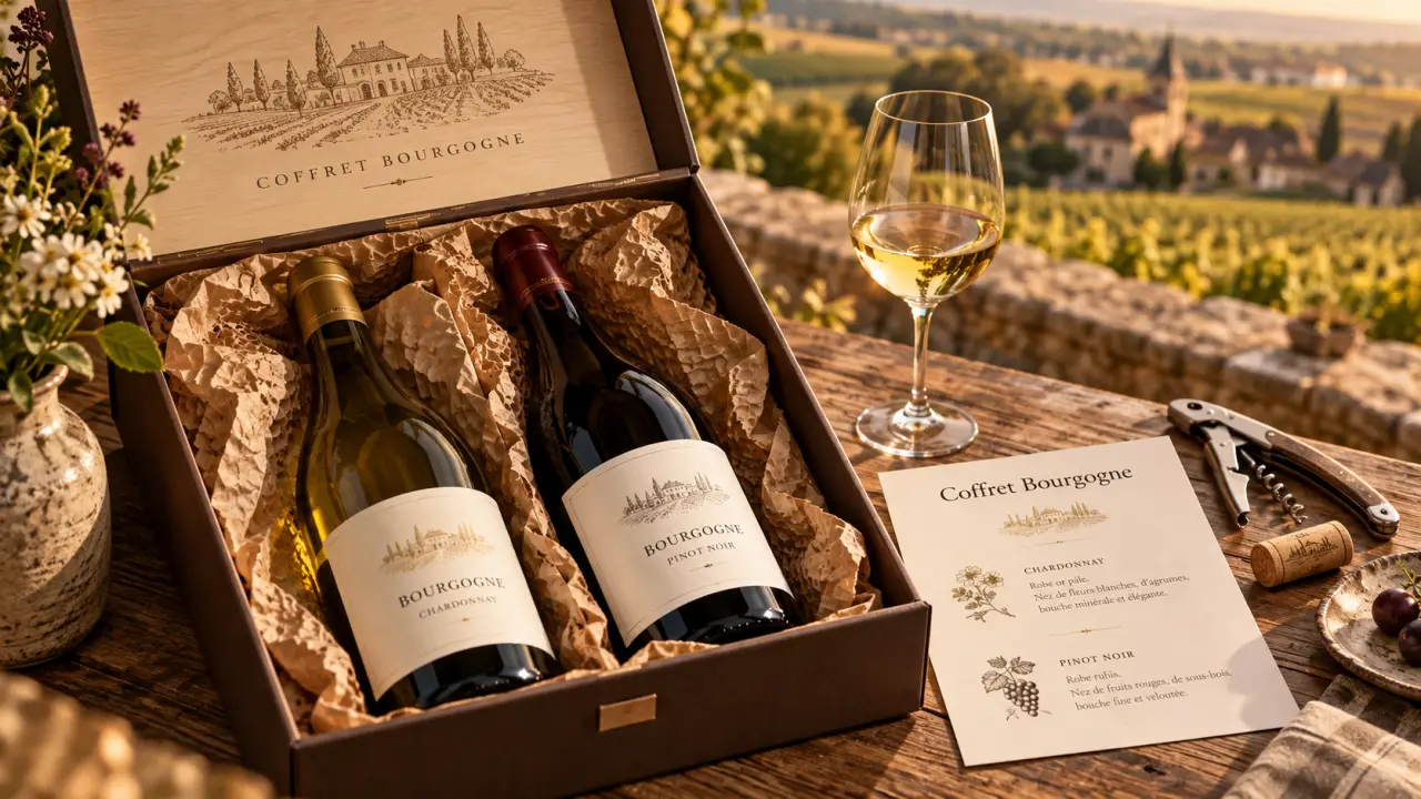 Coffret cadeau vin bourgogne sur table de dégustation en Bourgogne