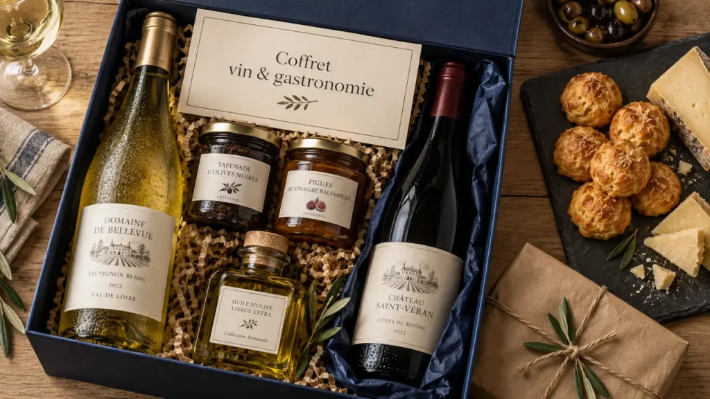Coffret cadeau vin et gastronomie : vin blanc, vin rouge et gourmandises