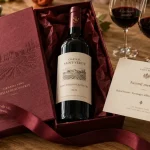 Coffret cadeau vin rouge ouvert, ruban bordeaux et bouteille prête à verser