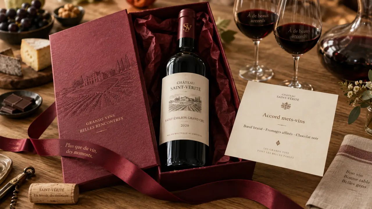 Coffret cadeau vin rouge ouvert, ruban bordeaux et bouteille prête à verser