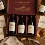Coffret le secret du vin : six bouteilles et fiches de dégustation sur une table