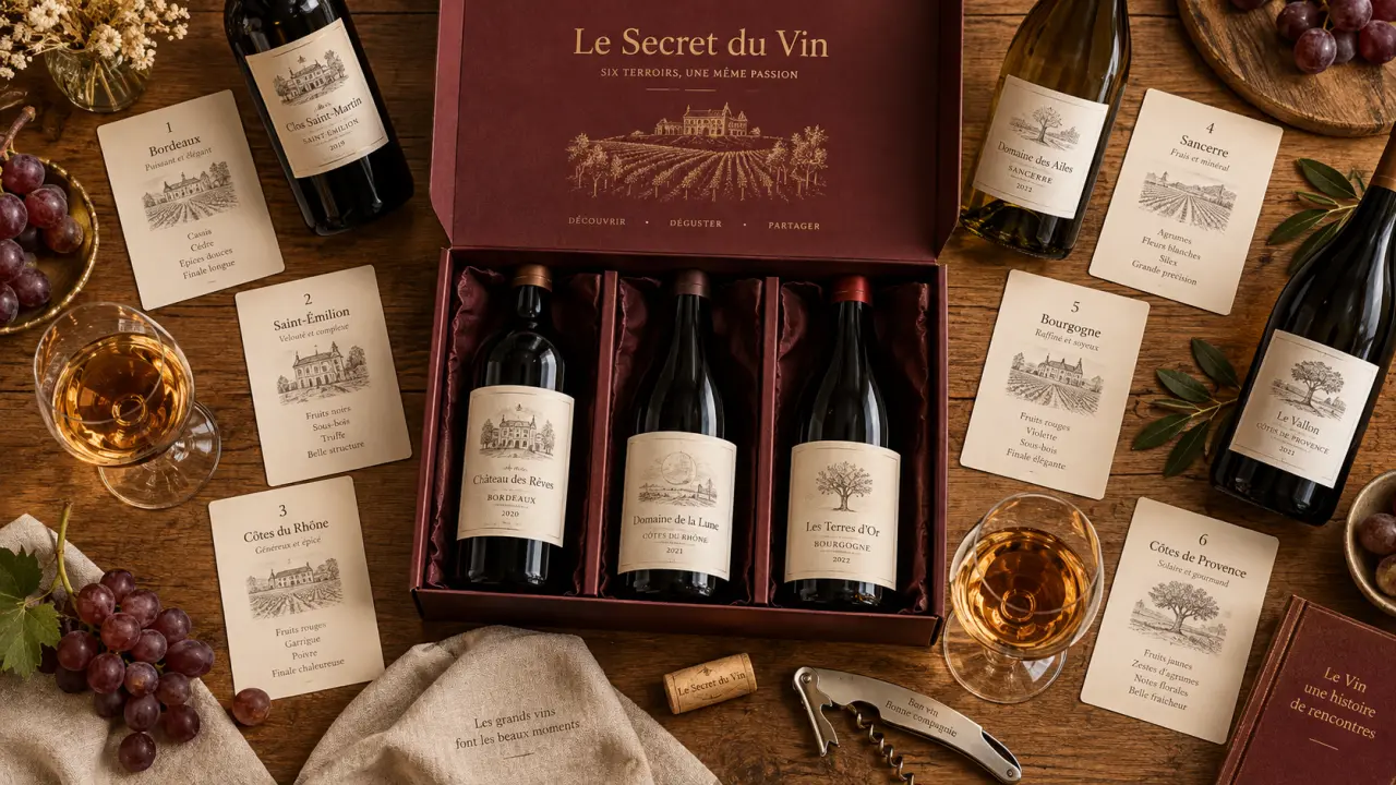 Coffret le secret du vin : six bouteilles et fiches de dégustation sur une table
