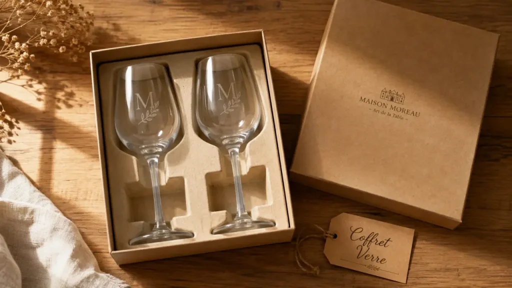 Coffret verre a vin personnalisé, gravure sur coffret verre