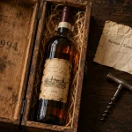 Coffret vin 1994, bouteille ambrée avec niveau et conservation visible