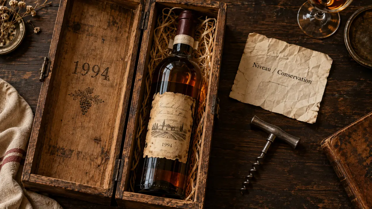 Coffret vin 1994, bouteille ambrée avec niveau et conservation visible