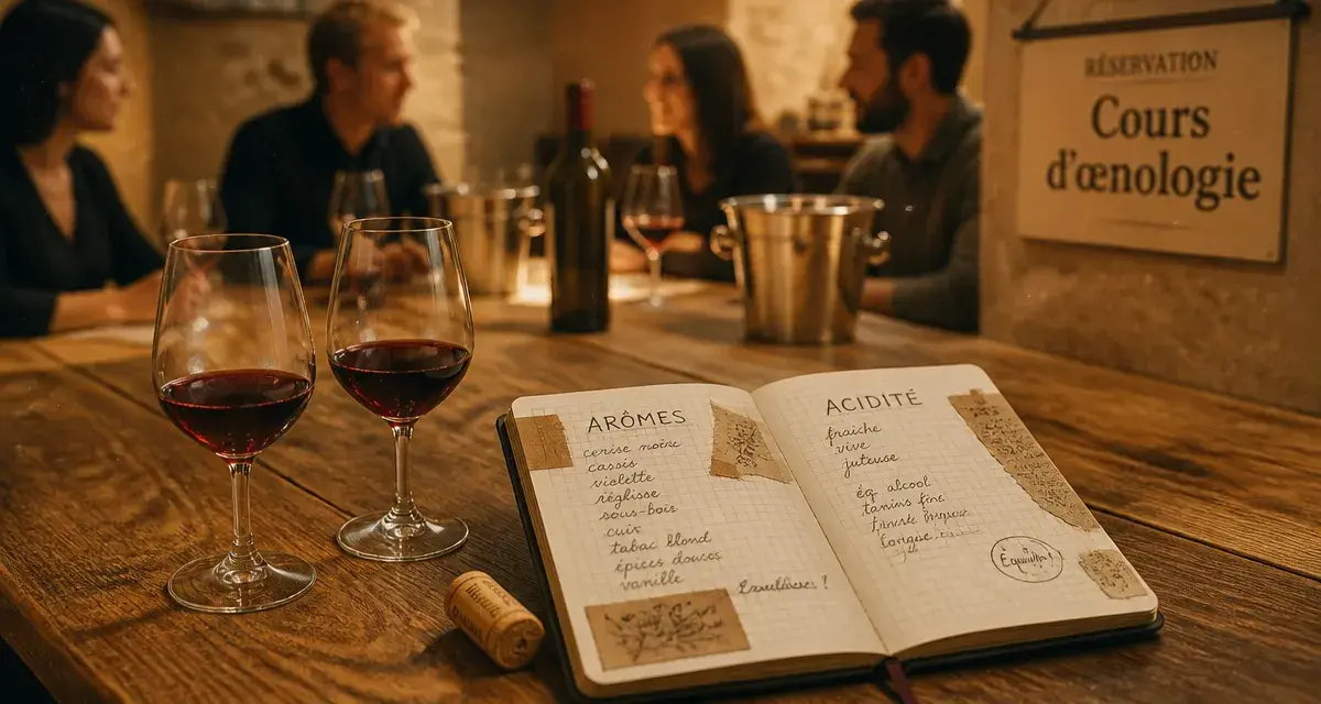Cours oenologie : dégustation vin rouge et notes aromes en atelier