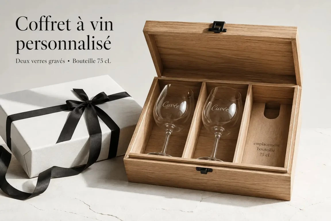 Coffret verre a vin ouvert avec deux verres gravés et emplacement pour bouteille