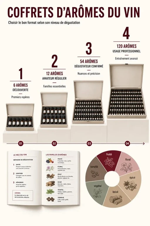 Infographie sur les formats de coffret d’arômes du vin et leurs usages
