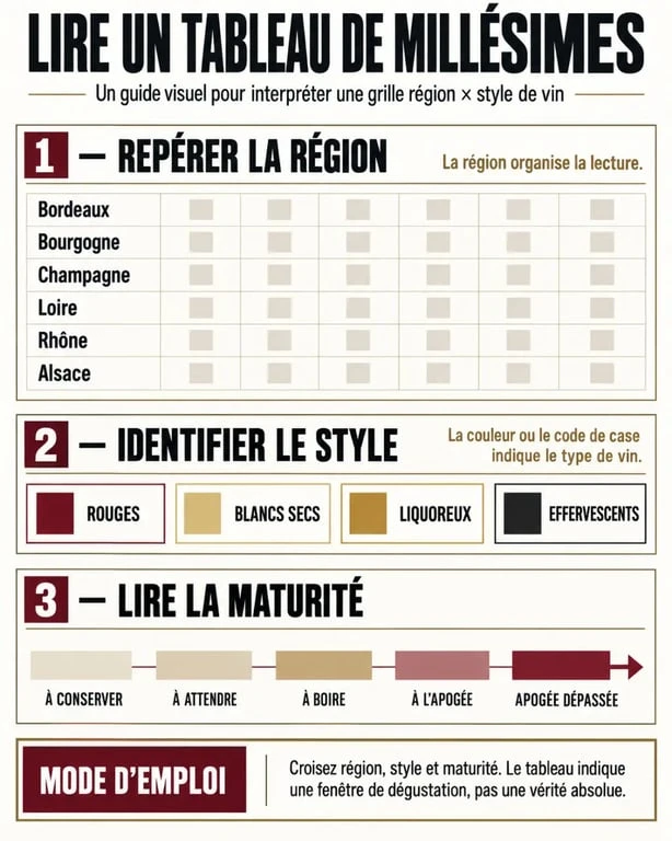 Tableau millésime vin PDF : infographie pour comprendre les régions, styles et statuts de maturité