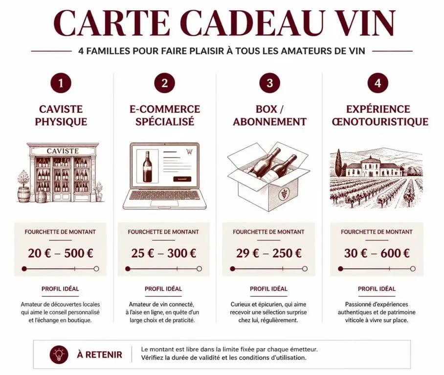 Comparatif des quatre types de carte cadeau vin selon montant et profil
