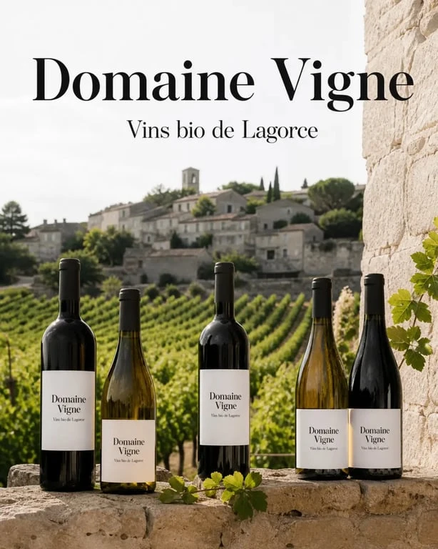 Domaine Vigne vin bio en Ardèche organic wine : bouteilles et paysage du domaine viticole à Lagorce
